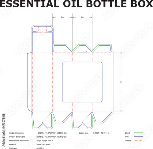 Detailed die-cut template design for an essential oil bottle box with precise dimensions suitable for packaging and product presentation.