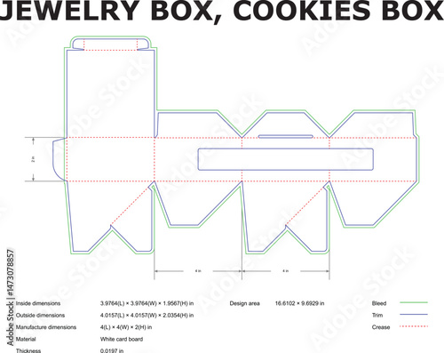 Vector diagram of a jewelry box and cookies box cardboard die cut template showing dimension details