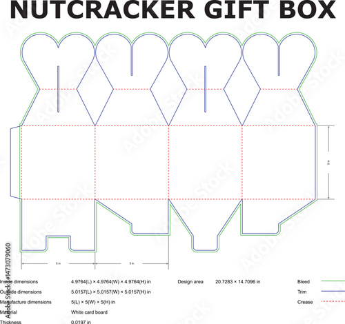 Nutcracker gift box template with heart-shaped design shows detailed measurements and cutting guides for assembly