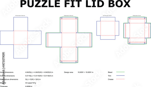 Detailed schematic diagrams showcasing various aspects of puzzle fit lid box designs with measurements and material specifications for packaging and crafting.