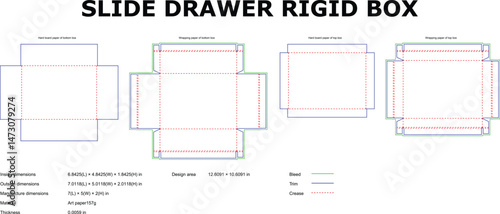 Detailed slide drawer rigid box packaging vector design showing dimensions, folds, and cuts for manufacturing purposes in engineering