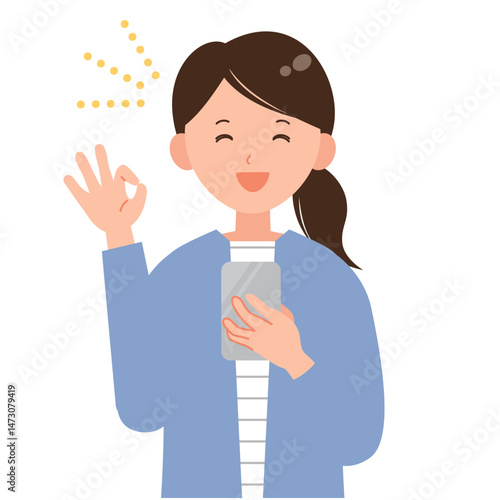 スマホを持ってOKサインを作る笑顔の女性イラスト