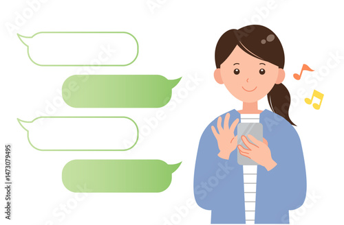 スマホでメッセージを送るごきげんな女性のイラスト