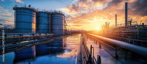 Sunset over refinery; storage tanks, pipelines, industrial background; energy production