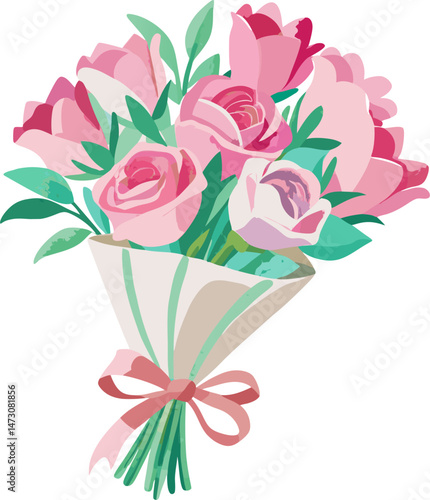 A vector illustration of a bouquet with pink flowers, tied with a ribbon.