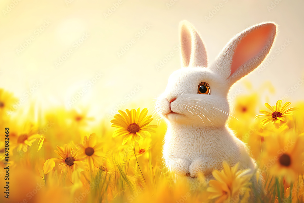 Fototapeta premium Adorable white rabbit sitting in a vibrant field of yellow flowers under a warm sun