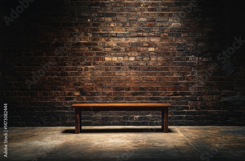 Empty wooden bench against a brick wall (2)