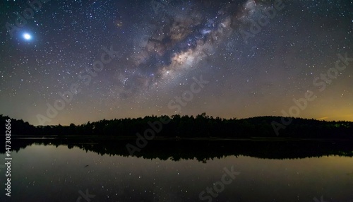 Serene night landscape with the Milky Way galaxy reflected in a still lake under a starlit sky.  Image depicts nature's beauty at night.