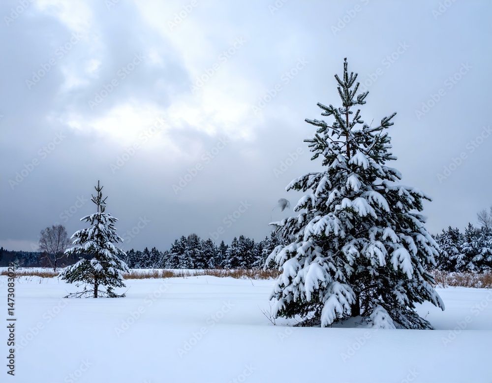 Obraz premium Snow-covered pine trees in a winter landscape. Peaceful snowy scene.