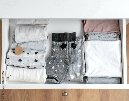 Neatly folded clothes and socks in a white dresser drawer. Top view.