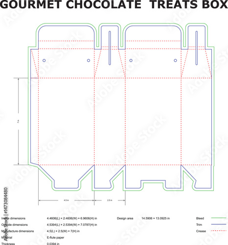 Detailed schematic design of a gourmet chocolate treats box with dimensions for packaging and product presentation.