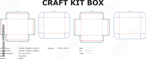 Detailed vector illustration showcasing multiple craft kit box templates displaying various design dimensions and specifications information