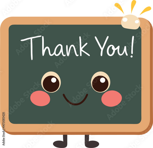 A cute cartoon chalkboard with a happy face, rosy cheeks, and little legs, displaying "Thank You!" in white chalk, symbolizing gratitude, education, or school appreciation.