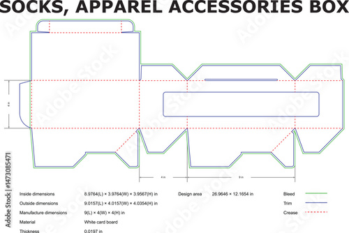 Detailed vector diagram of a packaging box for apparel accessories showing dimensions and cut lines for design.