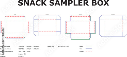 Detailed design template of a snack sampler box showcasing dimensions and specifications for packaging purposes.