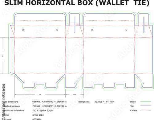 Flat design template for a slim horizontal box with dimensions and specifications ideal for packaging wallet ties.