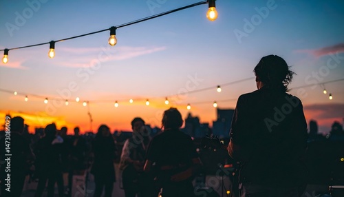 Silhouetted musician at sunset rooftop party with string lights and cityscape background.  Image depicts a relaxed, enjoyable atmosphere.