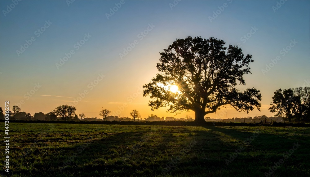 Fototapeta premium Silhouetted tree in a field at sunset. Golden hour landscape photography.
