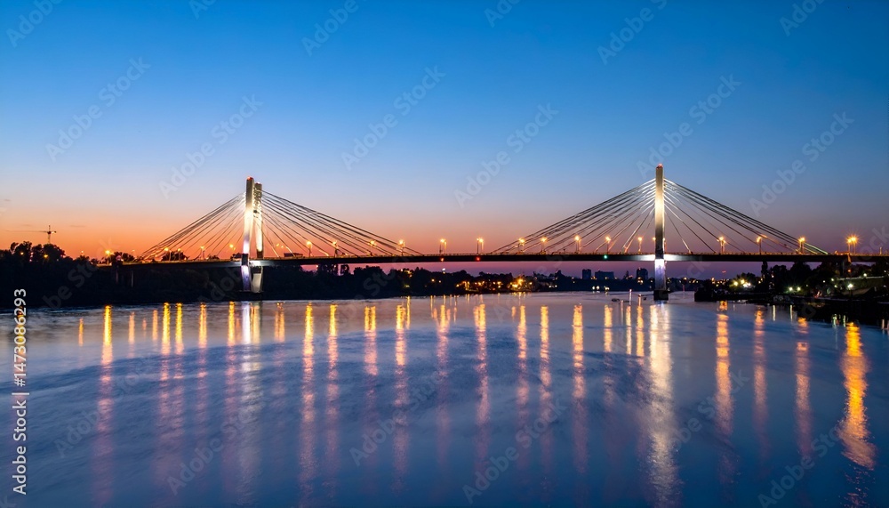 Fototapeta premium Illuminated cable-stayed bridge over calm river at twilight. Serene cityscape reflected in water.