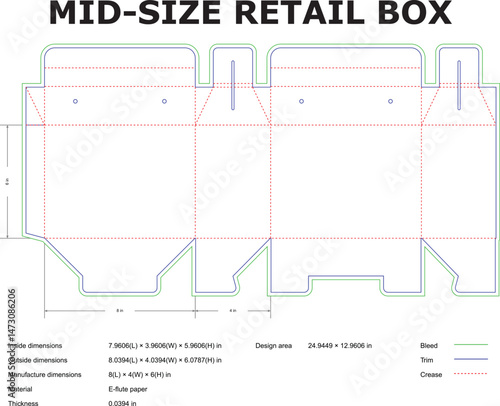 Detailed diagram of a mid size retail box showing dimensions cut lines fold lines and specifications for packaging design
