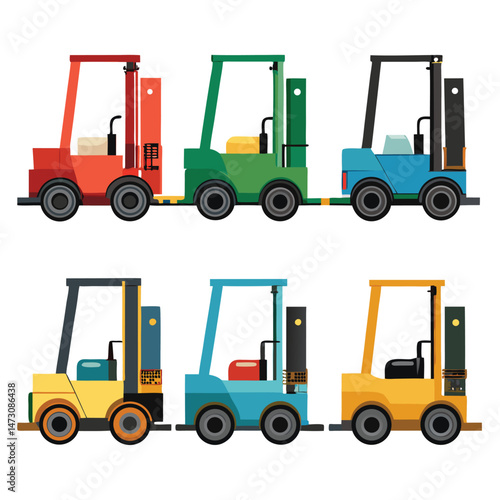 Six classic forklift transport isolated on white background