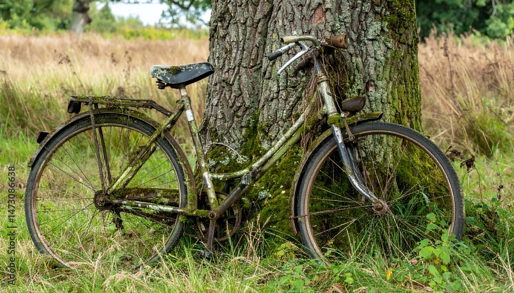 Old rusty bicycle abandoned in nature, leaning against a mossy tree. Forgotten relic of time, weathered and overgrown. Old rusty bicycle abandoned in nature, leaning against a mossy tree. Forgotten relic of time, weathered and overgrown.