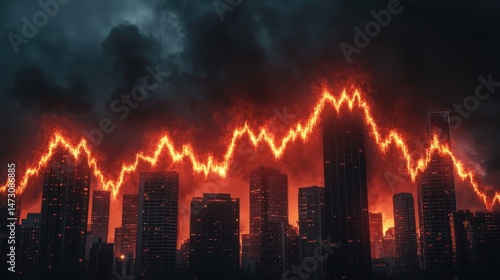 A fiery stock market graph looms over a city skyline, symbolizing financial crisis and market volatility.