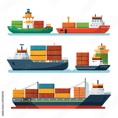 Six classic freighter transport isolated on white background
