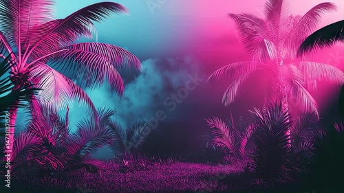Neon palm trees, tropical, vibrant colors.