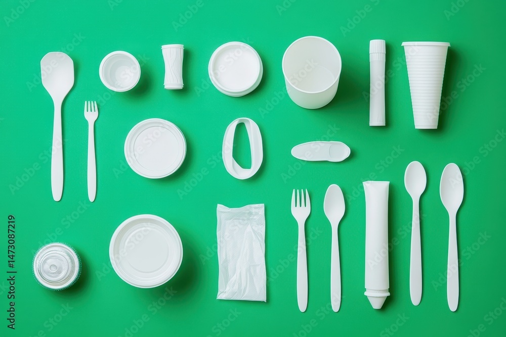 Fototapeta premium Assorted Disposable White Utensils and Containers on Green Background