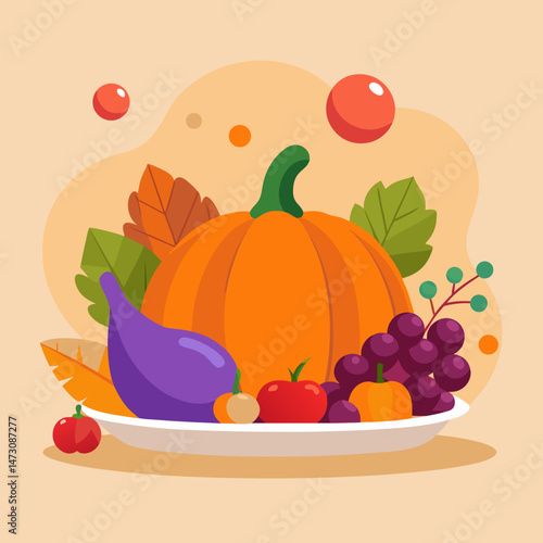 Thanksgiving Day vector illustration showcasing pumpkins and fall foliage, ideal for seasonal decorations and graphics.