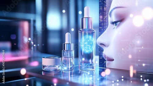 Advanced skincare technology and cosmetic product presentation in a digital environment