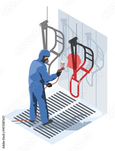 Industrial painter in protective suit spraying red paint on metal parts inside a controlled coating booth to meet manufacturing quality standards isometric cartoon