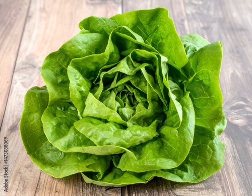 Fresh green lettuce head on rustic wooden background.  Healthy eating, organic food, vegetarian diet concept.