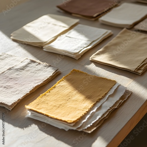 sustainable fashion concept Stacks of assorted fabric swatches neatly arranged on a table in natural light.