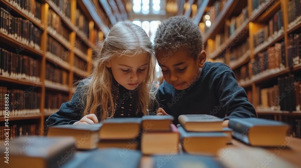 Two children engrossed in books within a vast library. Two children engrossed in books within a vast library.