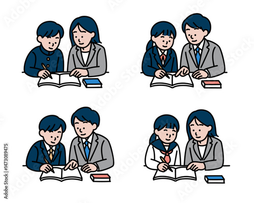 生徒と先生の勉強シーン4パターンセット