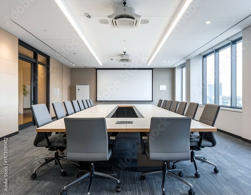 Modern, empty conference room with large table, chairs, projector screen, and city view. Ideal for business presentations, meetings, and corporate settings.
