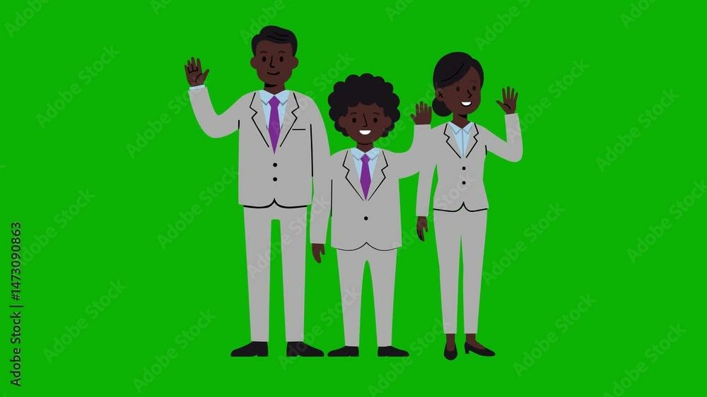 Loop animation of three dark-skinned cartoon businesspeople waving on a solid green background. All characters wear matching off-white suits with purple ties, conveying unity and professionalism. Perf Loop animation of three dark-skinned cartoon businesspeople waving on a solid green background. All characters wear matching off-white suits with purple ties, conveying unity and professionalism. Perf