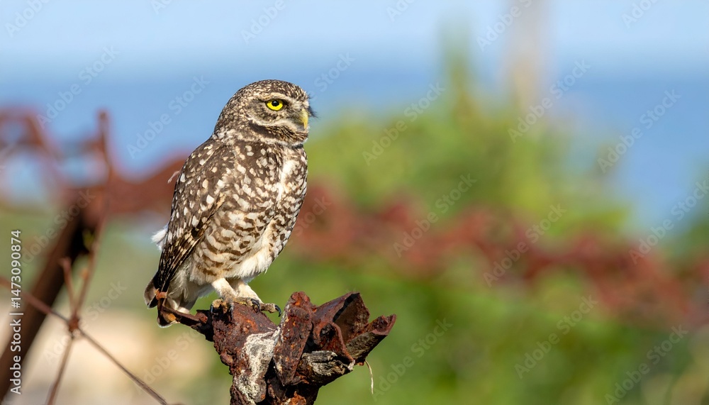 Fototapeta premium Burrowing Owl perched on rusty metal post against blurred background.