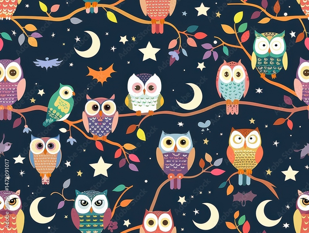 Naklejka premium Flat design tile colorful owls on tree branches, stars, crescent moons on dark blue background detail 6.