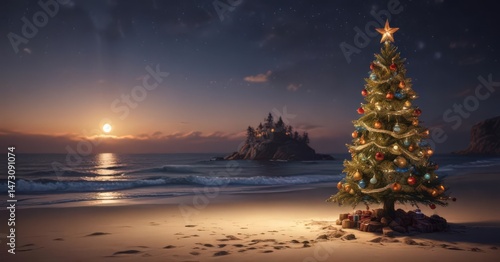 Ornamented Christmas tree on deserted isle, festive lights aglow , Christmas,  sea,  green