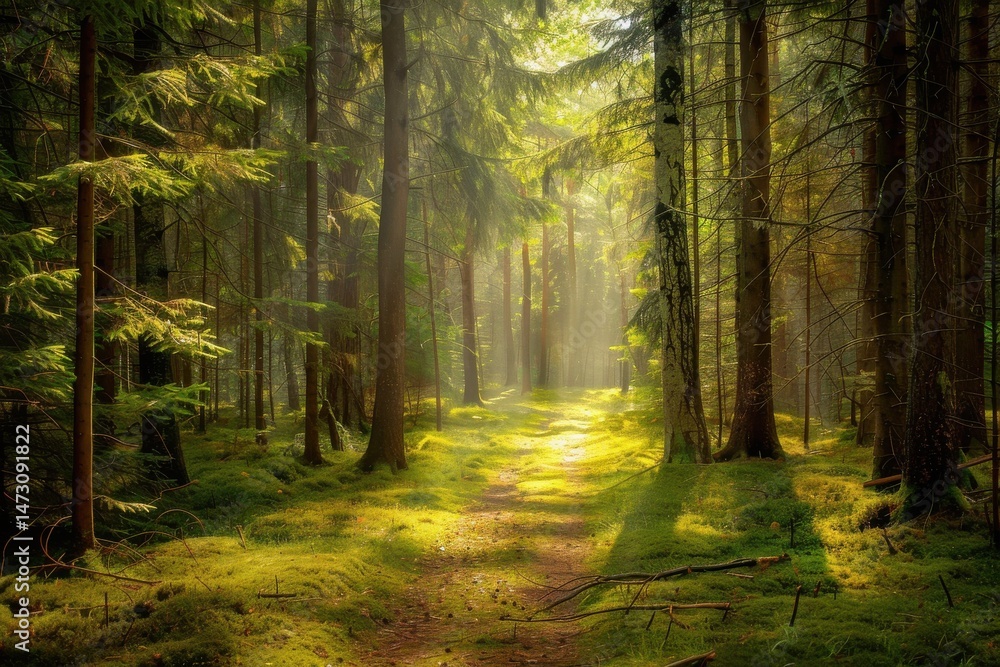 Obraz premium Lofi forest path with tall trees, sunlight streams through the canopy and soft moss covers the ground realism dreamy vibe.