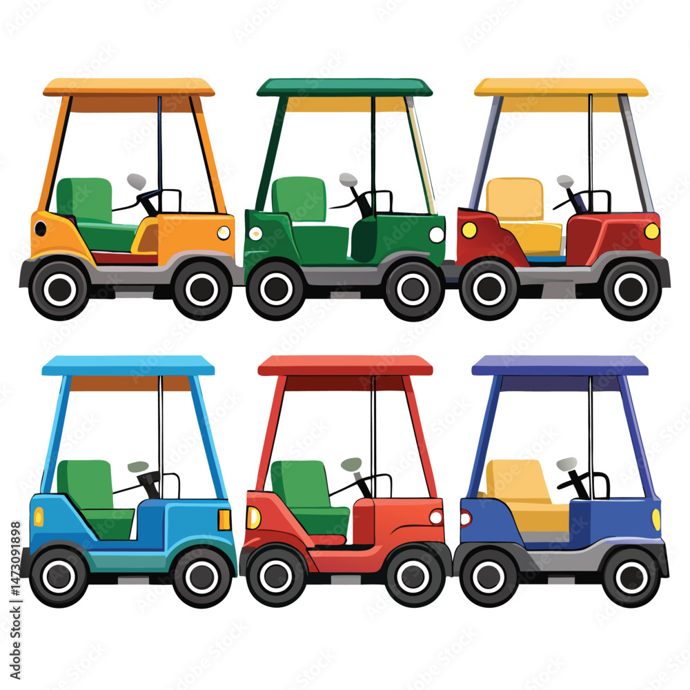 Fototapeta premium Six classic golf cart transport isolated on white background
