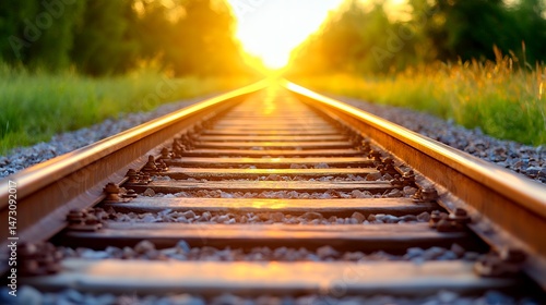 Railroad tracks bathed in golden light during sunset or sunrise creating a scenic landscape of travel and journey with peaceful mood and detailed perspective