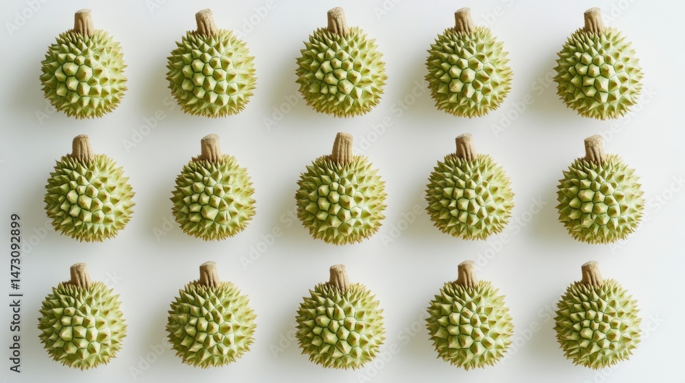 Fototapeta premium Fresh whole durian arranged symmetrically on clean white background studio lighting tropical king of fruit concept