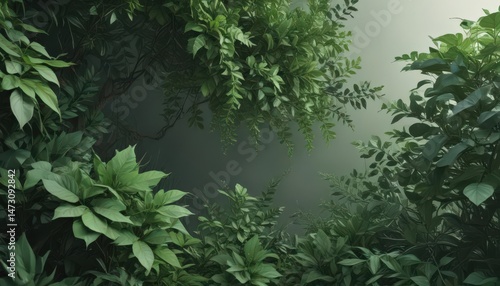Abstract green foliage, indistinct shapes, muted tones  ,  relaxing,  diffuse,  abstract