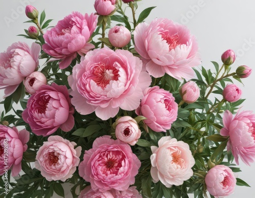 Luscious pink peony and rose arrangement, isolated white, pink, summer