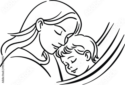 A tender illustration depicting a mother and baby in a loving embrace showing the bond of motherhood and affection.