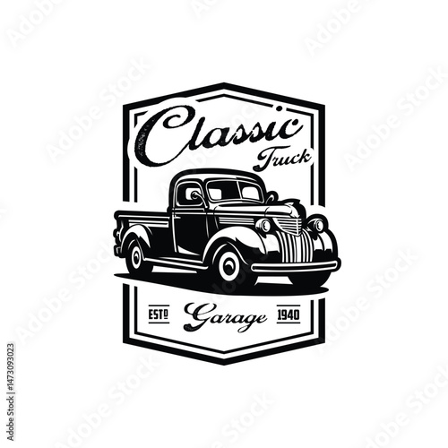 Classic Pickup Truck Garage Logo Vector Isolated